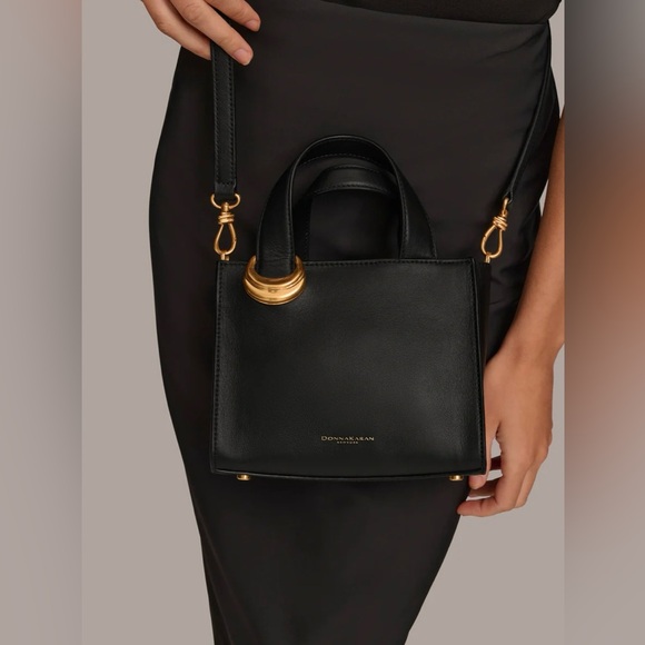 NWT Donna Karan Hewlett Leather Top Handle Buckle Crossbody Black/Gold - Picture 7 of 7
